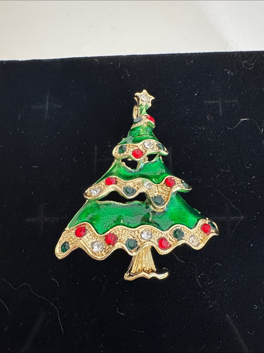 Gold-Tone Green Enamel Christmas Tree Brooch-Necklace with Red & Clear Accents